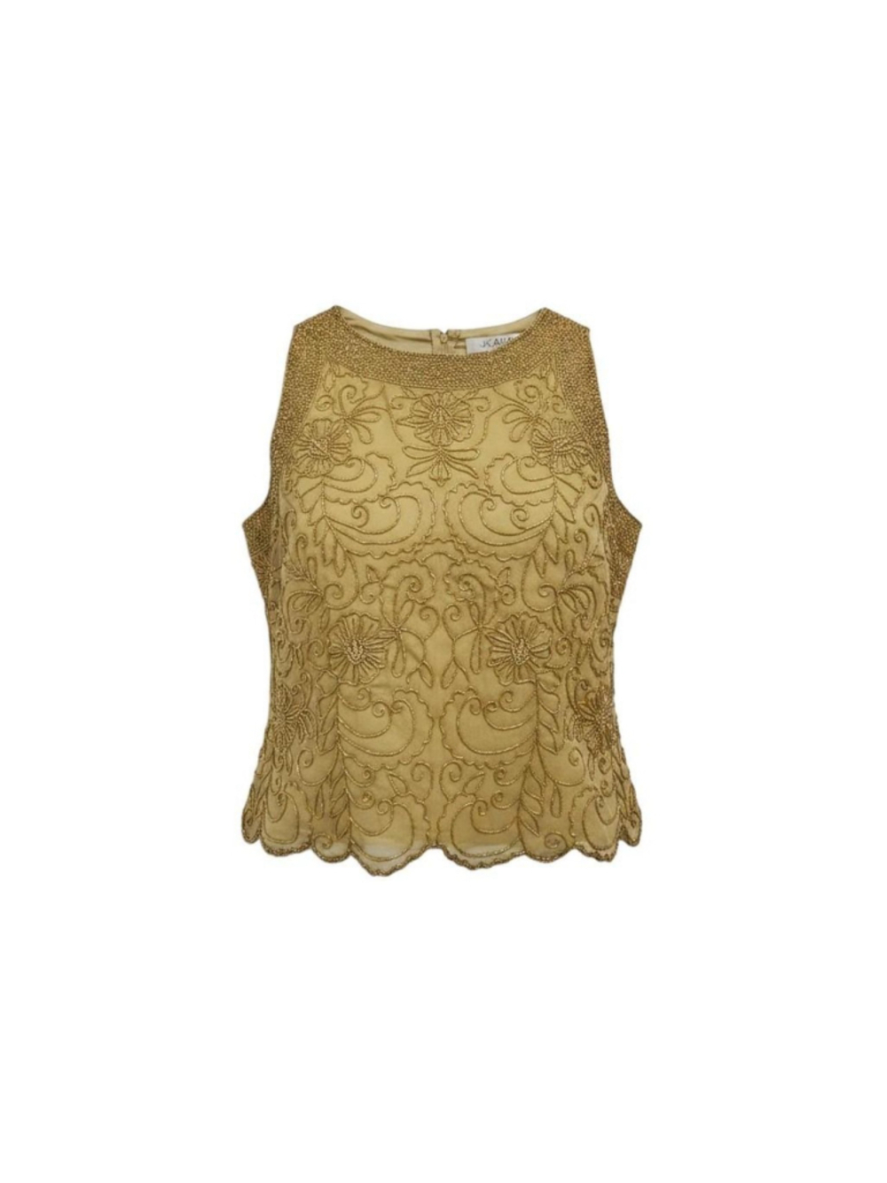 J Kara Gold beaded top with floral embroidery and scalloped hem Women's Size XL